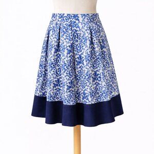 Milly Mixed Tile Print A-Line Skirt Blue White Pleated Size L